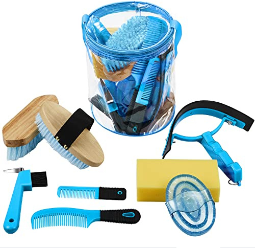 Cunhill 9 Pcs Horse Grooming Kit Tack Room Supplies Set with Tote Bag, Oval Massage Curry, Hard and Soft Brush, Hoof Pick, Sweat Scraper, Bathing Sponge, Comb for Horse Rider(Cute,Blue)