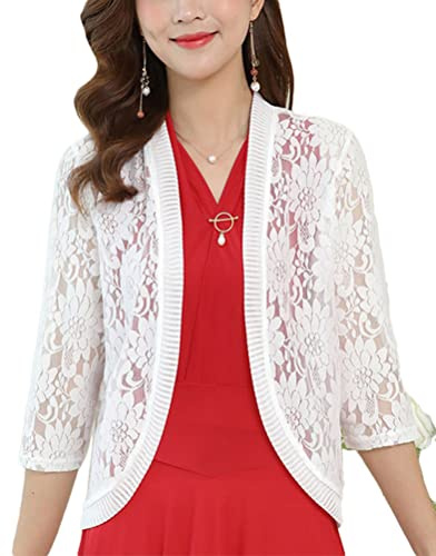 Yesgirl Boléro Femme Dentelle Cardigan Manches 3/4 Elégant Veste Ouverte Été Casual Bolero Tops Gilet Chic pour Mariage Grande Taille Blanc XXL