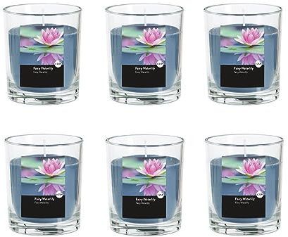 Doftljus i glas i set om 6 – ljus, advent, rumsdoft – inget sot – brinntid: 25 timmar - många doftaromer – 7,0 x 7,7 cm (blå – doft: vattenlilja)