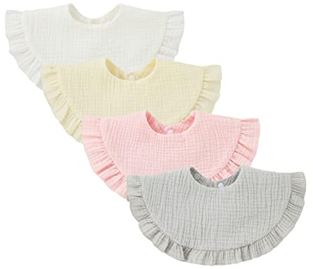 Nishine 4 pcs Unisex Baby Muslin Bandana Drool Bibs 360 Degree Rotatable Cotton Teething Feeding Drooling Bibs for Boy Girl (white set)