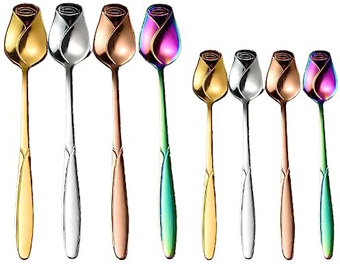 DULSPUE Latte Macchiato Löffel Rosenlöffel - 8 Stück Löffel aus Lebensmittelechtem Edelstahl,Teelöffel,Dessertlöffel für Cocktails,Tee,Kaffee, Milchshakes,Eiscreme und Andere Kalte Desserts