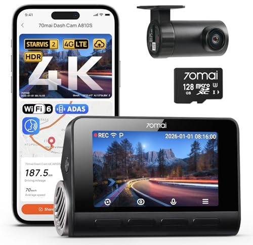 70mai 4K Dash Cam Front and Rear, 4K+1080P Dual STARVIS 2 Car Dash Camera for Cars, 4G LTE Remote Access, AI Motion Detection, WiFi 6, 5 GPS, 24H Parking Mode, HDR Night Vision, Voice Control, ADAS