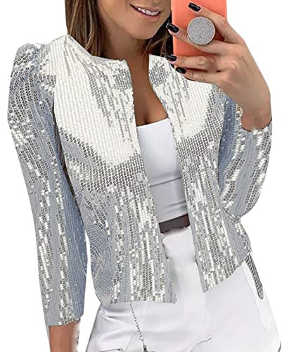 TDEOK Glitzer-Sakko Damen Kurz, Kurzblazer Festlich Silber-Schulterjacke Festlich-Bolero Jacke Pailletten-Blazer Leicht Sommerjacke Langarm Bolerojacke Shrug Top Party Glänzend-Cardigan