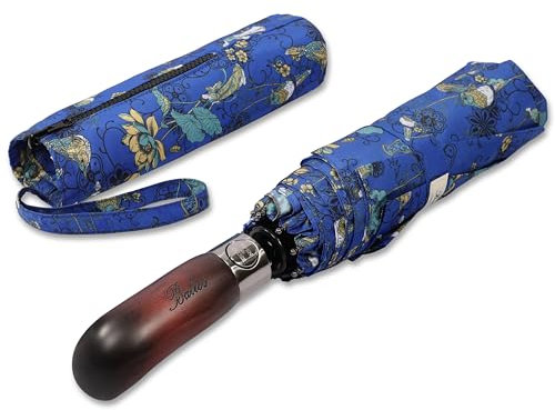 Balios Folding Umbrella Wood Handle Auto Open Close Vented Canopy Garden of Glamour Cobalt Blue