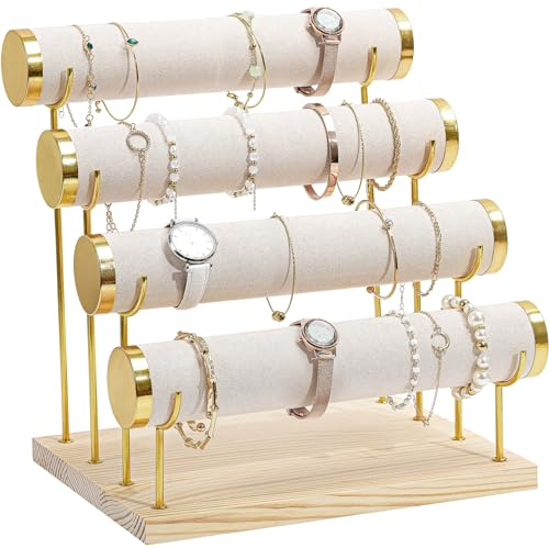 ProCase 4 Etagen T-Form Armbandhalter, Abnehmbare Armband Halterung Schmuckhalter, Samt Wrap Armbandständer Uhrenständer Aufbewahrung mit Holzsockel für Armreifen Armbänder Haarklammern Uhren -Beige