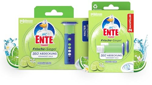 WC-Ente Frische Siegel Vorteilspack, Starter Set (inkl. 1 Nachfüller) und 2 Nachfüller, körbchenloser WC-Reiniger, Limone