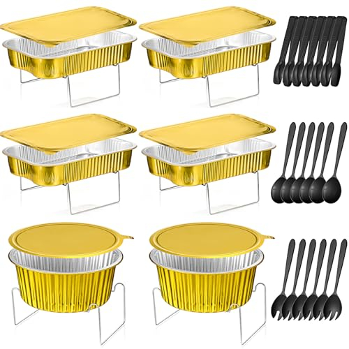 Maxcheck 30 Pcs 6 Sets Disposable Chafing Dishes Buffet Server Food Warmer Chafing Dish Set for Party with Rectangle and Round Chafer Trays, Utensils, Buffet Stand for Parties Events