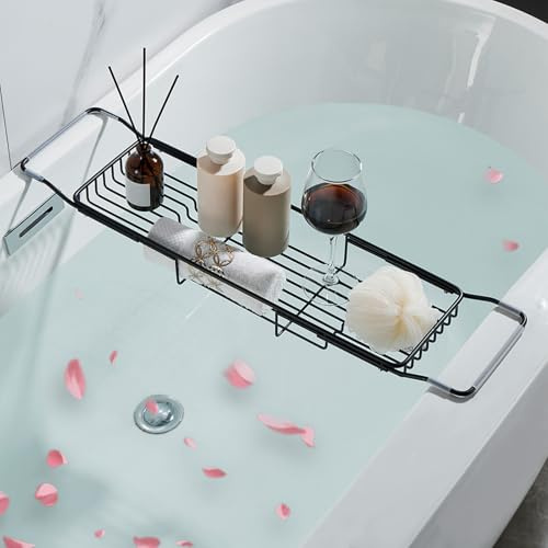 GIYDNEI Stainless Steel Bathtub Caddy Tray, Expandable Bath Tub Tray Table, Adjustable Bathroom Tray, Bath Organizer Tub Shelf,Black,26.8~35.4in