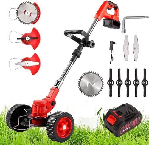 Desbrozadora eléctrica inalámbrica, cabeza giratoria de 90 ° con ruedas, cortadora de césped telescópica plegable de 21 V, con batería y 3 hojas, con ruedas, adecuada para jardín, granja (una pila)