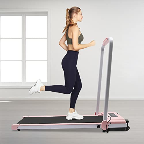 MEELRYD Löpband vikbart löpband för hemmet upp till 10 km/h med fjärrkontroll, LED-display och ledstänger, ultra slim walking treadmill för hemmafitnessövningar (rosa)