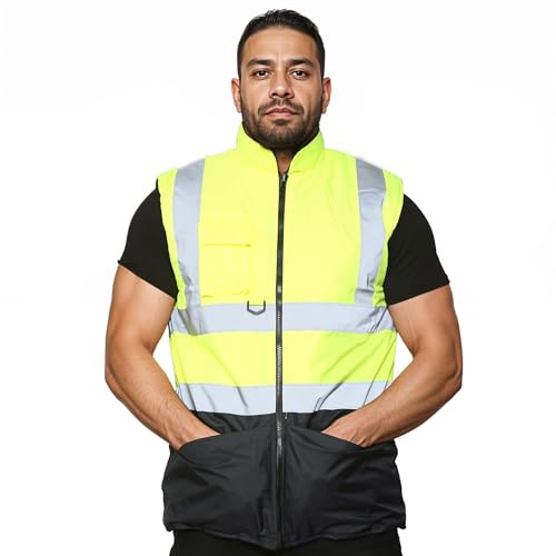 GUBA Mens Hi Vis Body Warmer, High Visibility Fleece Lined Reversible Waterproof Workwear Safety Security Warm Gilet Waistcoat Bodywarmer Sleeveless Jacket (Yellow/Navy, L)