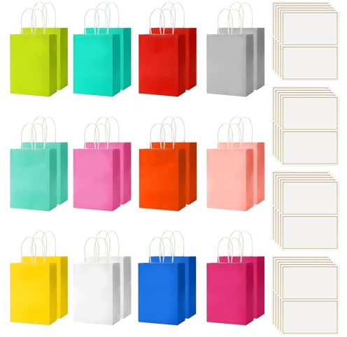 24 PzSacchetti di Carta per Caramelle, Sacchetti Regalo Compleanno, Borsa da Festa, Sacchetti Compleanno per Confezionare Regali Matrimonio Natale Feste, 15 x 8 x 21 cm, con 24 Biglietti di Auguri
