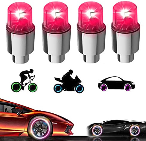 YUERWOVER LED Tire Lights for Car 4 Pack Trucks Valve Stem Cap Bike Golf Cart Firefly Wheel Light Bicycle Waterproof Motorcycle Tyre Spoke Lamp for Boy Girl Men Women with 10 Extra Batteries(O-Red)