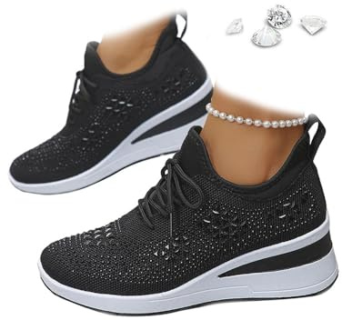 Baskets compensées respirantes à paillettes pour femme - Style décontracté - Maille à strass - Chaussures de marche, Noir , 0 UK Wide