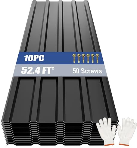 Brakki Metal Roofing Panels 10pcs 52.4 ft², L42.52xW17.72 Black Corrugated Galvanized Steel Roof Panels with Screw, Heavy Duty Metal Siding Suitable for Garages Chicken Coop Sheds Stables Patio