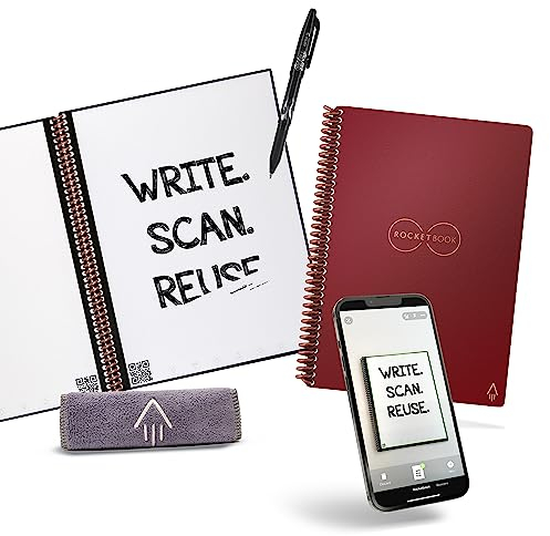 Rocketbook Reusable Digital Notebook - Smart Notepad A5 Red - Wirebound Note Book To Do List Pad, Dotted Paper with Frixion Erasable Pen and Wipe, Office Gadget App Reduce Paper Waste