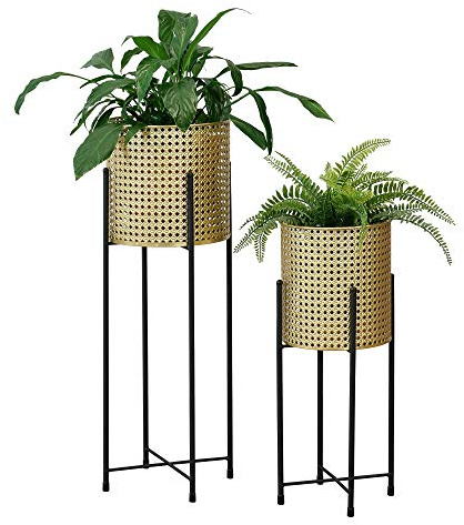 [en.casa] Set di 2 Portavasi in Metallo Nero Supporto di Design per Piante in 2 Altezze Diverse con Coprivaso in Color Oro