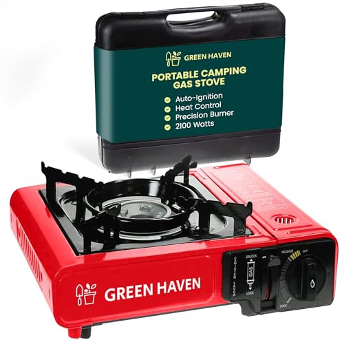 GREEN HAVEN Portable Camping Stove with Cary Case - Premium Camping Gas Stove, EN417 Compliant, Portable Gas Stove with Automatic Ignition & Heat Control, Red