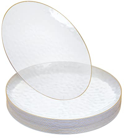Stackables Lot de 20 assiettes rondes et transparentes - Martelées avec bords dorés - Légères et réutilisables - Pour réceptions, mariages, fêtes, banquets, événements et décoration de table (15 cm)