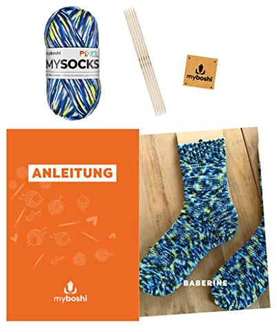 myboshi Strickset Socken Baberine, inkl. mysocks Pixel Sockenwolle, Nadelspiel, Anleitung Label in Lederoptik, 75% Schurwolle, 25% Polyamid, Blau (Otis) mit Nadelspiel