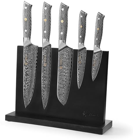 Wakoli Noir Blanc Magnetischer Messerblock mit Messer (5-teilig) – Damastmesser aus 67 Lagen VG10-Kern, 60 ± 2 HRC, G10-Griffe, Messerset mit Messerhalter, schwarzes scharfes Küchenmesser Set