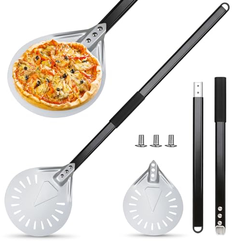 BYZESTY Pelle à Pizza Perforée, 7 Pouces Pelle Pizza, Pelle à Pizza en Aluminium Anodisé Dur, Pelle à Pizza avec Manche Métallique Amovible de 80 cm, Idéale pour le Four à Pizza