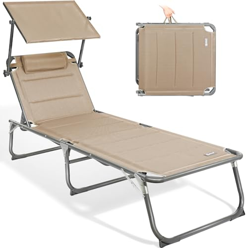 Homecall Sonnenliege Klappbar Mit Dach, Kopfstütze, 5-Fach Verstellbare Rückenlehne, 200 x 70 cm Gartenliege Wetterfest, Garten Liegestuhl Klappbar Leicht, Bis 180 kg für Garten, Balkon - XXL, Beige