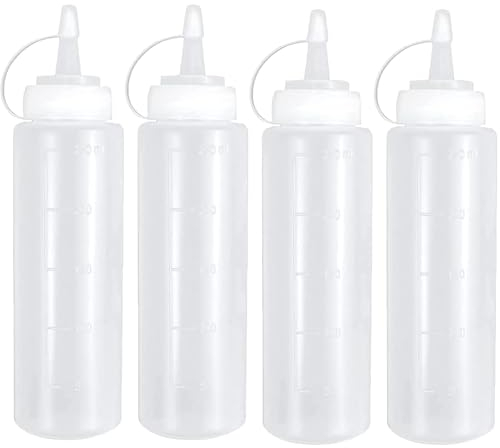 PSFXBM 4 Pack 8oz / 250ML Squeeze Bottles, Leak-Proof Sauce, Small Squeezy Condiments Bottle with Cap for Ketchup, Sauces, Mayonnaise, Mustard, Olive Oil, Syrup, BBQ, Salad Dressing