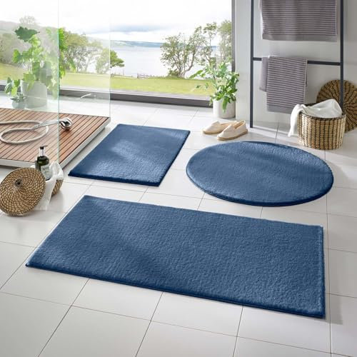 Taracarpet Badematte Fiona rutschfest waschbar Badezimmerteppich sehr weich und als Set kombinierbar Uni dunkel blau 120 cm rund