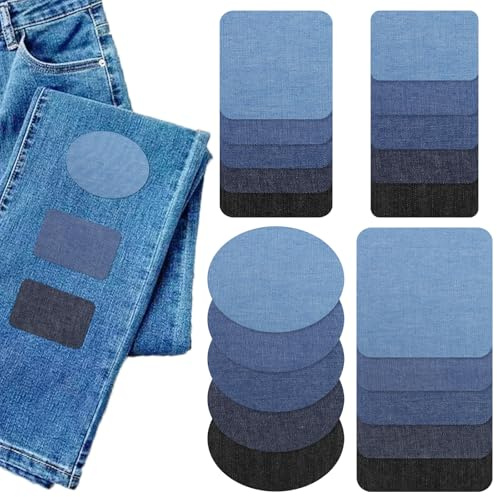 AYSYR 20 stycken stryklappar, jeanslappar att stryka på inomhus, 4 storlekar, stryk-lappar, 5 färger, denimlappar med smältlim på baksidan för reparationsjeans