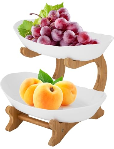vinnyooc Alzata per frutta con 2 ripiani, supporto per frutta, vassoio da portata con piatto bianco per verdure, frutta, snack, buffet, dessert