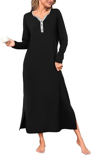 Bresdk Camicia da Notte Donna Invernale Manica Lunga con Bottoni Davanti Camicia da Notte Donna Lunga Scollo a V Morbido e Confortevole Nero M