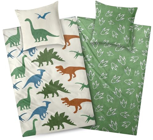 Aminata kids Biber Bettwäsche 135x200 Dinosaurier Dino Motiv Flanell Baumwolle | bunt- Jungen | 2- teilige warme & weiche Kinder-Wende-Bettwäsche-Set grün