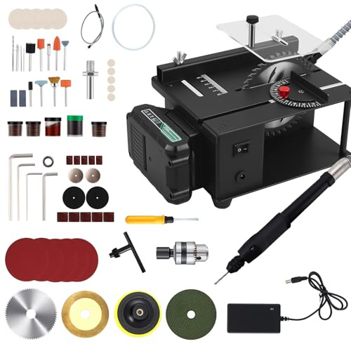 Mini Scie Circulaire de Table avec Batterie & Arbre Flexible 23000 tr/min, Hauteur de Coupe Réglable, Scie Multifonction 3-en-1 pour Bois/Plastique/Métaux Tendres, Kit avec Accessoires Ponçage/Perçage