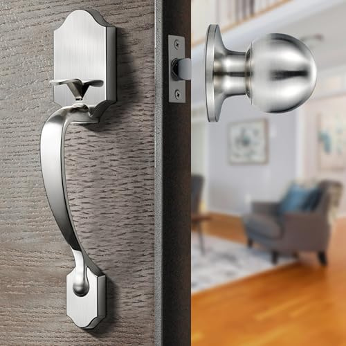 Elemake Front Door Handle, Front Door Knob, Heavy Duty Passage Entry Door Lock for Interior and Exterior, Reversible Handle Lever | Brushed Nickel Plating