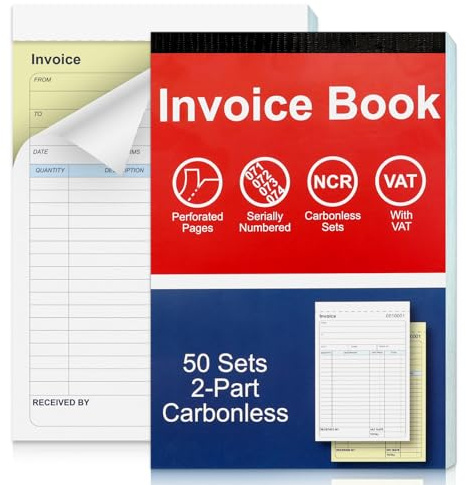 1 Pack Duplicate Invoice Book A5 Invoice Book Self Employed 50 Set Receipt Book 2-Part Carbonless 137x203mm Perforated Pages for Small and Larger Business Sales Red Blue