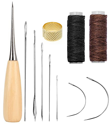 11Pcs Leather Repair Kit, Leather Stitching Kit with Waxed Thread Sewing Needle, Needle and Thread Kit for Leather Bags, Sofas, Wallets