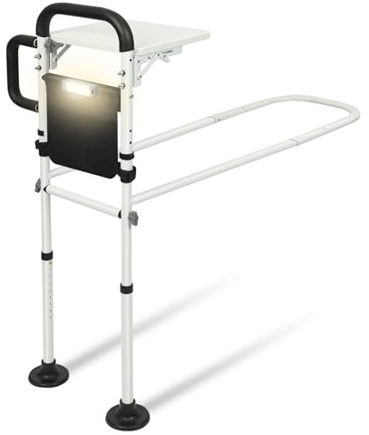 LERQDER Bed Rail for Elderly Adults Safety,Bed rails with Foldable Table Board,Storage Pocket,Sensor Light,Height Adjustable Bedside Assist Rail with Non-Slip Ergonomic Handle&Reinforced Support Bar