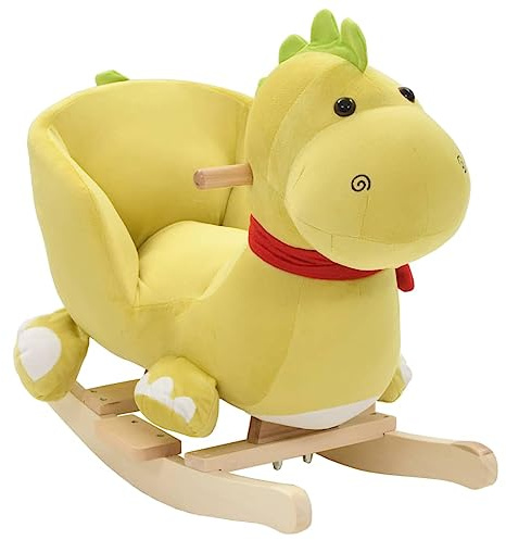 LoogCape Animal à bascule Dragon avec dossier en peluche et base en bois pour enfants à partir de 12 mois, 60 x 32 x 53 cm, jaune-vert, adapté à l'intérieur et à l'extérieur, animal d'équitation