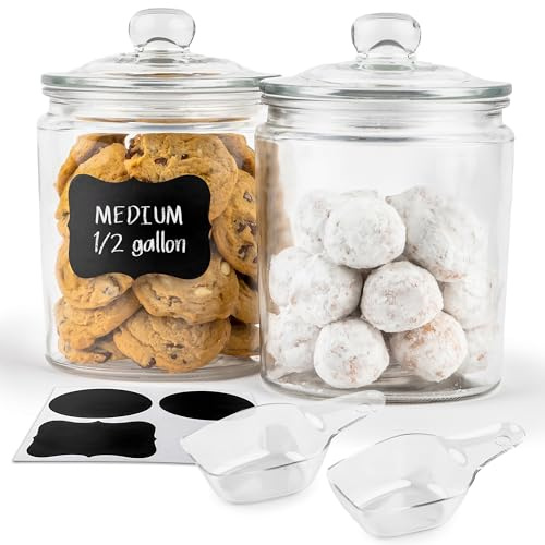 KooK Glass Kitchen Jars, Food & Cookie Storage Containers for Pantry, Bathroom Apothecary Canisters, Dishwasher Safe, with Chalk, Label, Plastic Scoops (1/2 Gallon)