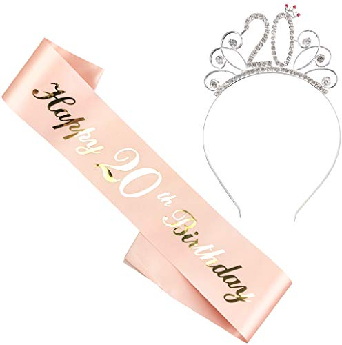 Ouceanwin Couronne Anniversaire 20 ans Femme, Or Rose Echarpe Anniversaire 20 ans et Tiara Cristal Couronne de Anniversaire Diadème, Décoration de Fête d'anniversaire Cadeau pour Femme 20 ans