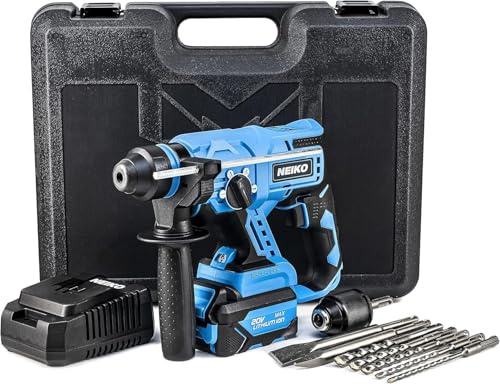 NEIKO 10882A Cordless Rotary Hammer Drill, Includes 20-Volt Li-ion Rechargeable Battery, Fast Charger, SDS Plus Hammer Drill, Heavy Duty Brushless Demolition Hammer, Cordless Hammer Drill, Rotohammer