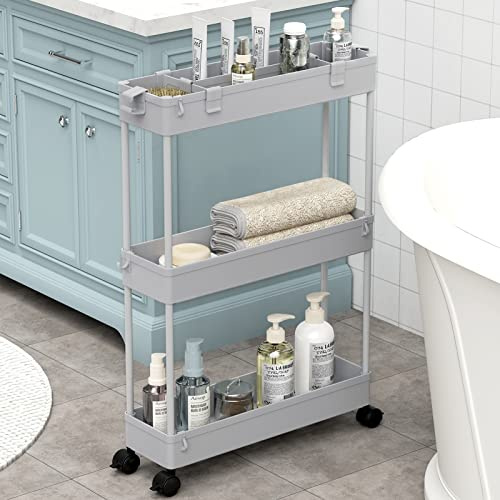SAKA Slim Storage Cart,3 Tier Bathroom Rolling Utility Cart Storage Organizer Slide Out Cart, Mobile Shelving Unit Organizer Trolley for Office Bathroom Kitchen Laundry Room Narrow Places, Grey