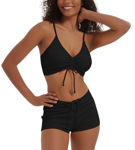 meioro Maillots de Bain uni pour Femme Bikini Short noué sur Le Devant Ensembles Maillots Deux pièces Femme Swimwear athlétiques Maillot de Bain Taille Haute Beachwear