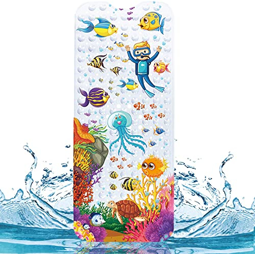JOYBOY Tappetino Vasca Antiscivolo,100 * 40cm Tappetino Antiscivolo per Vasca da Bagno,Tappetino per vasca da bagno con 200 Ventose e Stampa di Oceano Animali a Colori Vivaci,Lavabile in Lavatrice