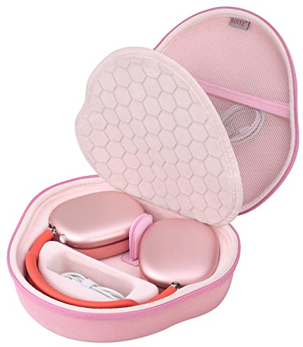 BOVKE Harte Tragetasche mit Schlafmodus für Apple AirPods Max Wireless Over-Ear Kopfhörer, AirPods Max schützende tragbare Aufbewahrungstasche mit Netztasche für Kopfhörer Zubehör, Rosa