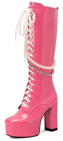 JIEEME Bottes hautes pour femme - Fermeture éclair - Lacets - Talon haut bloc avec perles faites à la main - Bottes longues pour femme za7-011, Rose, 41 EU
