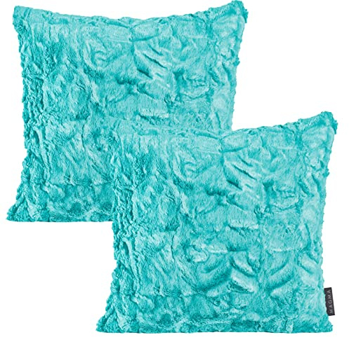 MAGMA 2er Set Kissenhülle Fluffy flauschig plüschig weich mit Reißverschluss Felloptik (Türkis) ca. 50x50 cm