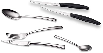 ECHTWERK Posate da tavola Avelino Silver Edition, 16 pezzi, acciaio inox 18/10, lucido + 2 coltelli per panini, pratico coltello da colazione in acciaio inox con taglio ondulato, nero