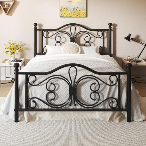 LOEWAY Queen Size Bed Frame/Metal Platform Bed Frame with Butterfly Pattern Design Headboard and Footboard/Strong Metal Slats Support/No Box Spring Needed/Easy Assembly/Noise-Free/Black